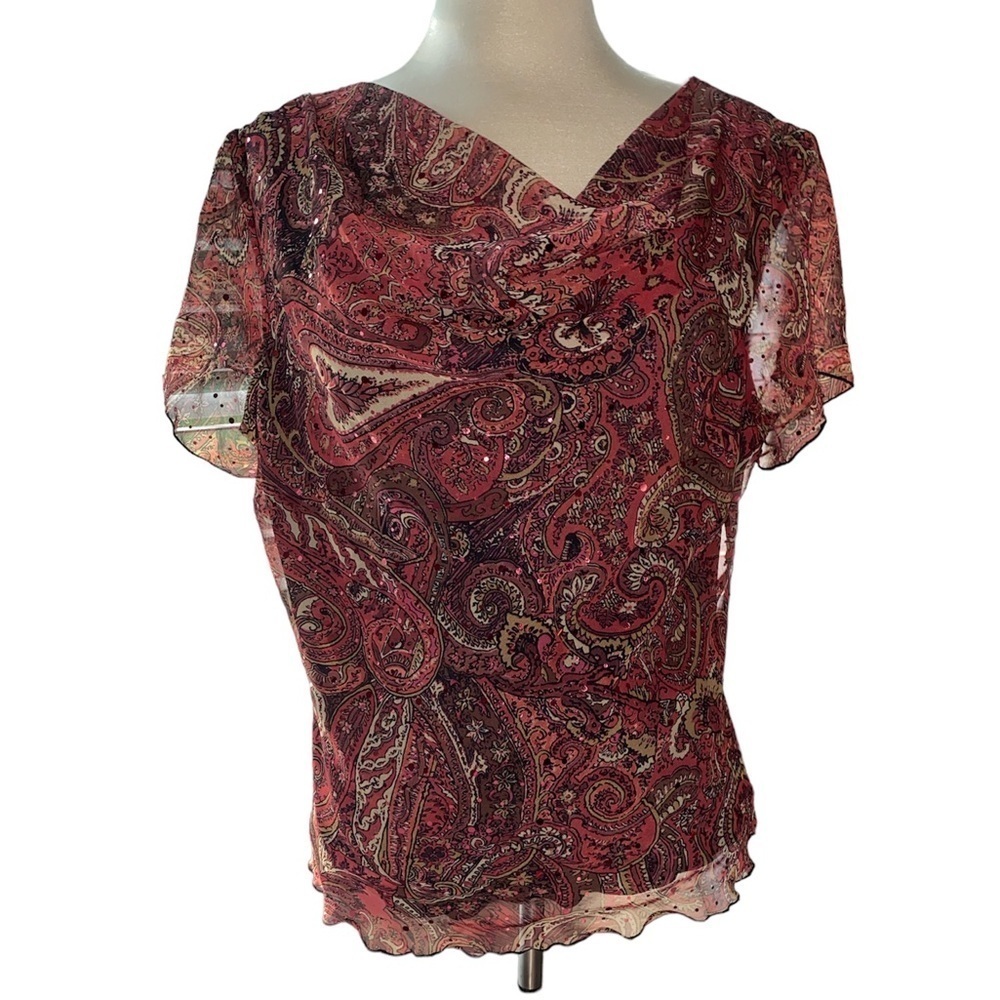 Enfocus Studio blouse drape front neckline short flutter sleeves size large